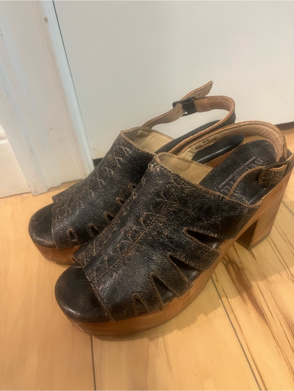 BED|STU Distressed Brown Leather Platform Slingback Heels